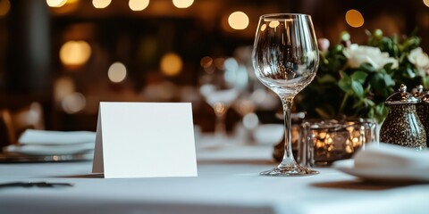 A blank tent card on a restaurant table, ready for a customized name or message.