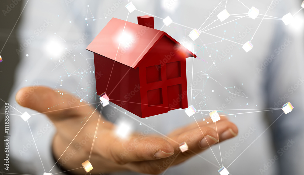 Poster home iot - neural network 3d illustration. big data and cybersecurity