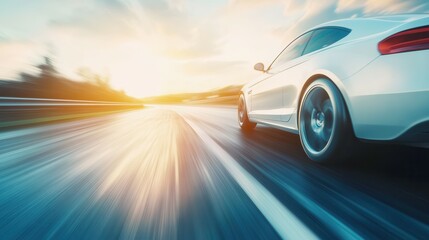 Sleek white car on highway at sunset with motion blur.