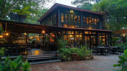 Obraz premium Charming Outdoor Restaurant Surrounded by Lush Greenery and Nature