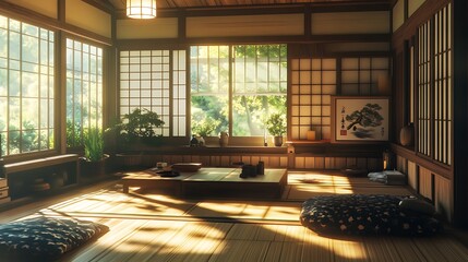 Sunlit Japanese-style room with tatami mats, low table, shoji screens, and plants.