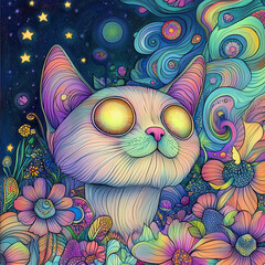 Whimsical Cat with Glowing Eyes in Colorful Landscape