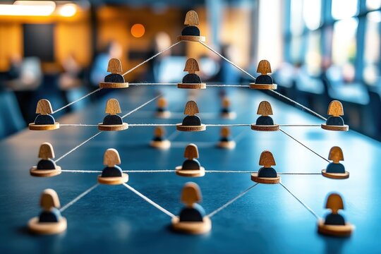 Visualization of Organizational Structure with Wooden Figures Connected by Strings Representing Hierarchy and Collaboration in a Modern Workspace