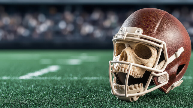 A football helmet with a skull on it is on a field