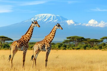 Giraffes in the Savanna with Mount Kilimanjaro in the Background