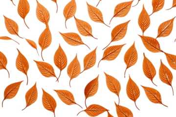 Pattern of dry orange metallic leaves aligned in a grid formation Isolated on white background