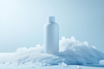 A bottle of lotion is sitting on top of a pile of snow. The bottle is white and the snow is blue. The scene is peaceful and serene, with the lotion bottle standing out against the white snow