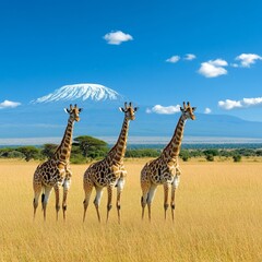 Three Giraffes in African Savanna with Mount Kilimanjaro in the Background
