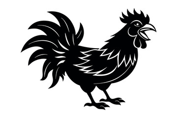 Black Silhouette of a Rooster Crowing on a White Background in a Simple Design