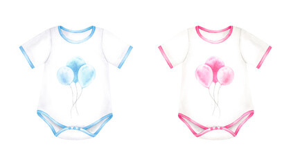 Pink and blue newborn bodysuit. Watercolor hand drawn illustration isolated on white background. Baby girl or boy, she or he clothes for baby shower, gender reveal, birthday party, invitation, prints