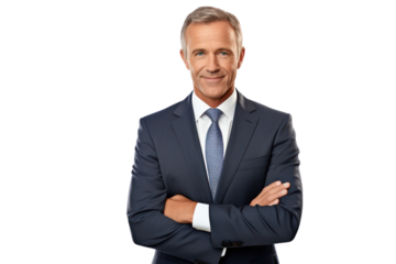 Middle-aged man with a confident smile, wearing a business suit and tie, standing with arms crossed. Isolated on white background