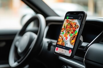 A smartphone mounted in a car, displaying a vibrant food delivery application with enticing dishes for on-the-go dining.