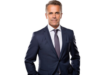 Middle-aged man with a confident smile, wearing a business suit and tie, standing with arms crossed. Isolated on white background