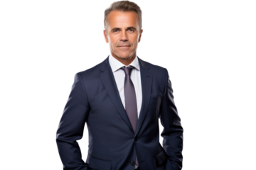 Middle-aged man with a confident smile, wearing a business suit and tie, standing with arms crossed. Isolated on white background