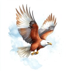 Fototapeta premium Watercolor Illustration of a Bald Eagle in Flight with Blue Watercolor Background