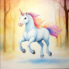 Fototapeta premium Magical Unicorn Running Through Forest Watercolor Illustration