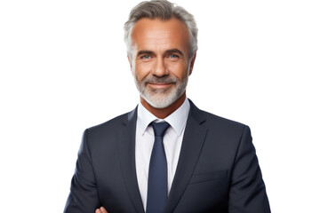 Middle-aged man with a confident smile, wearing a business suit and tie, standing with arms crossed. Isolated on white background