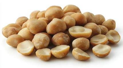 Fototapeta premium Fresh macadamia nuts, both shelled and unshelled, arranged beautifully. These delicious nuts are known for their rich flavor and creamy texture, perfect for snacking or baking