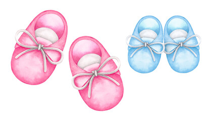 Pink and blue newborn shoes. Watercolor hand drawn illustration isolated on white background. Baby girl or boy, she, he booties for baby shower, gender reveal, birthday party invitation, cards, print