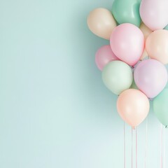 Colorful balloons gather in a charming display against a soft blue backdrop, perfect for celebrations and joyful occasions