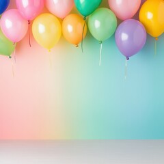 Colorful balloons decorate a pastel background for a festive celebration in a cheerful setting