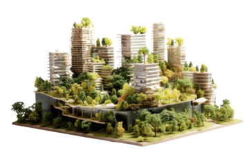 Innovative urban planning model showcasing mixed-use high-rise buildings and green spaces, isolated on white background
