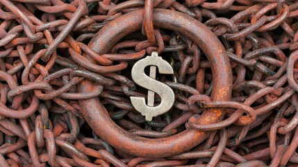 A dollar sign is chained to a rusty chain