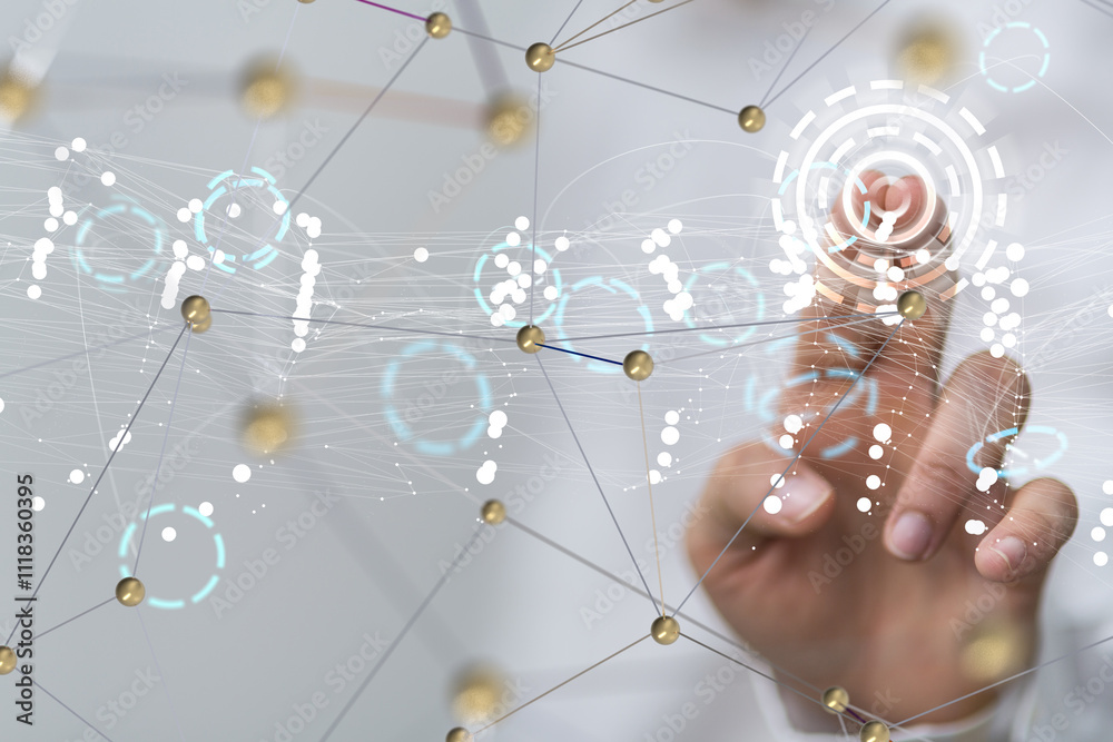 Poster Global network. Blockchain. 3D illustration. Neural networks and artificial intelligence. Abstract
