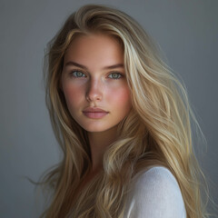 Naklejka premium A photorealistic portrait of an extremely beautiful young woman with long blonde hair, against a grey background