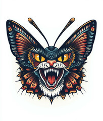 Traditional tattoo of a butterfly with a cat's head, open mouth and fangs, yellow eyes, on a white background