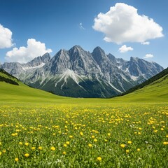 A stunning landscape showcasing majestic mountains and vibrant green fields adorned with yellow flowers under a bright blue sky.