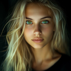 Naklejka premium Portrait of a beautiful young woman with blonde hair and green eyes, she is looking straight into the camera, with sharp focus on her face against a dark background
