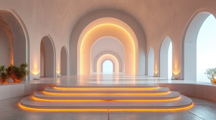 Illuminated arches and stairs in a minimalist white building.