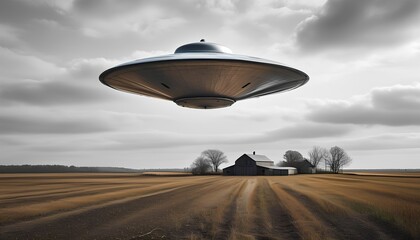 A UFO hovers over a farm under a dramatic sky