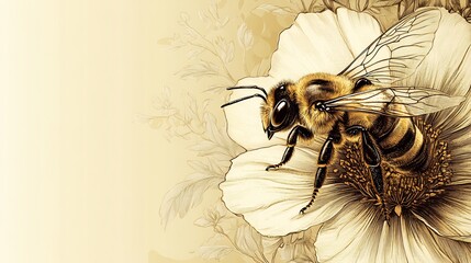 Artistic bee depiction perched a flower highlighting pollinator importance with blank space for conservation messages or nature themes