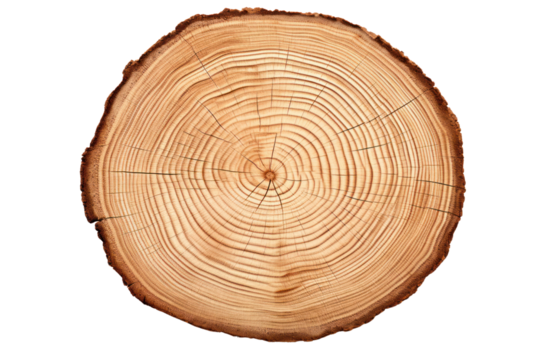 Cross-section of a felled log showing concentric rings and growth patterns isolated on white background