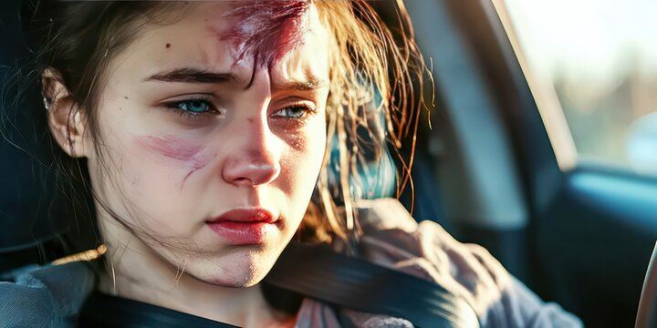 A close-up of a person with a bruised forehead and seatbelt mark, visibly shaken in a damaged car&acirc;&euro;&trade;s interior.