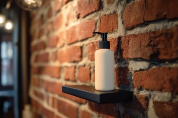  clean black shampoo bottle against rough brick wall in loft style.