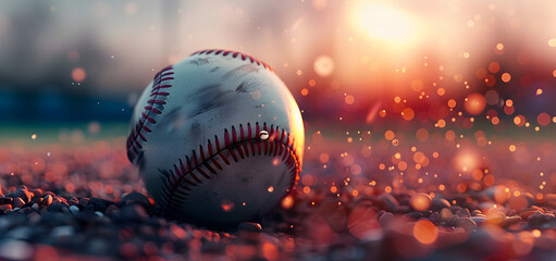 Baseball bouncing on dirt field sun flare action shot closeup
