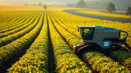 Agricultural Technology:  A modern tractor with a sleek design and advanced technology traverses a vast field of crops at sunrise, representing the future of agriculture. 