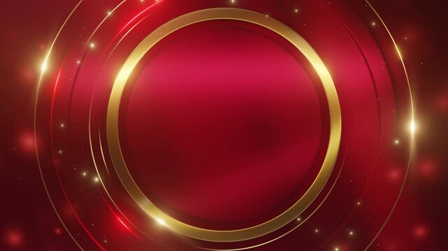 Elegant abstract background with golden circular frames on a vibrant red gradient, enhanced by glowing accents and subtle sparkles.