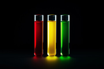 Three test tubes with vibrant red, yellow, and green liquids illuminated against a dark background.