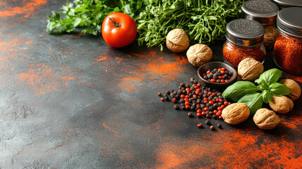 Fresh herbs, spices, and nuts arranged on dark stone table create vibrant culinary scene. colorful ingredients invite creativity in cooking and flavor exploration
