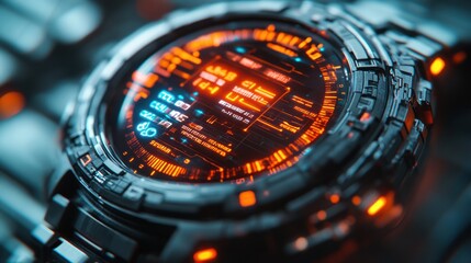Futuristic smartwatch with vibrant orange digital display.