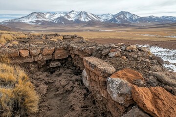 A rugged stone structure in a vast landscape, framed by snow-capped mountains and golden grasses under a cloudy sky.