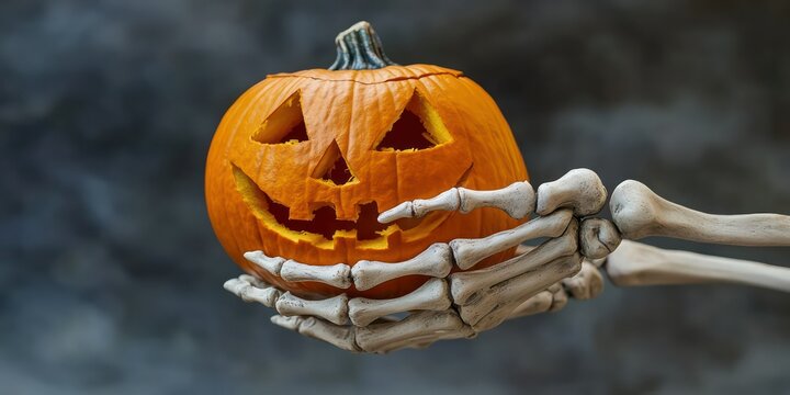 A close-up of a skeletonâ€™s hand holding a carved pumpkin, combining classic Halloween elements. - Powered by Adobe