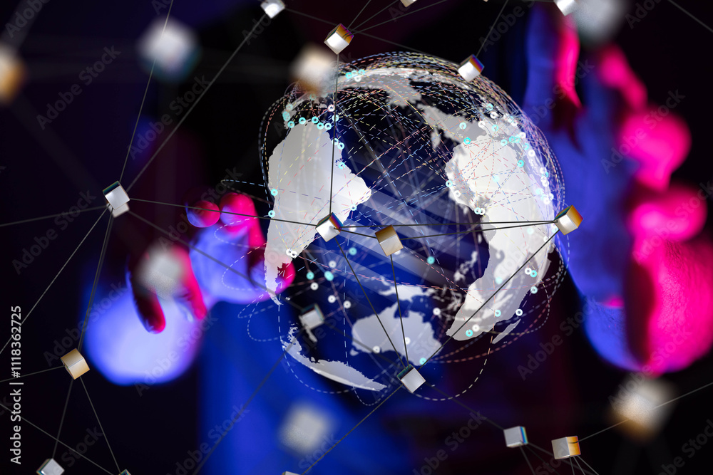 Aufkleber world Global network. Blockchain. 3D illustration. Neural networks and artificial intelligence. Abstract