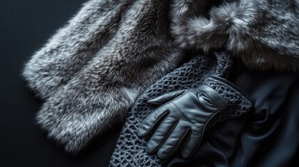 Luxurious fur stole, knitted shawl, and leather gloves on dark background.