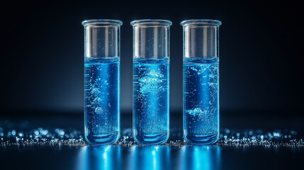 Three glass test tubes filled with vibrant blue liquid, surrounded by shimmering droplets, set against a dark background.