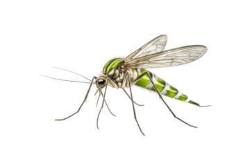 Close-up of a mosquito perched on a leaf with detailed view of its wings and legs isolated on white background